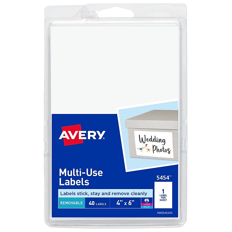 Avery Laser/Inkjet Multipurpose Labels on 4" x 6" Sheets, 4" x 6" Labels, White, 40 Labels/Pack (5454) image 1