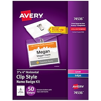 Avery Clip Style Laser/Inkjet Name Badge Kit, 3" x 4", Clear Holders with White Inserts, 50/Box (74536)