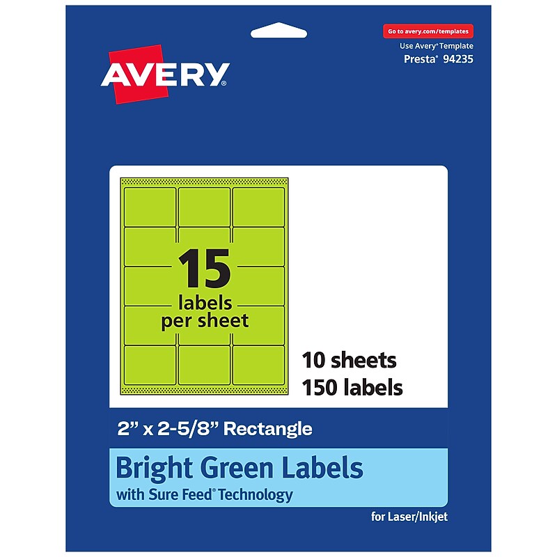 Avery Laser/Inkjet Multipurpose Rectangle Labels, 2" x 2-5/8", Bright Green, 150/Pack (94235) image 1