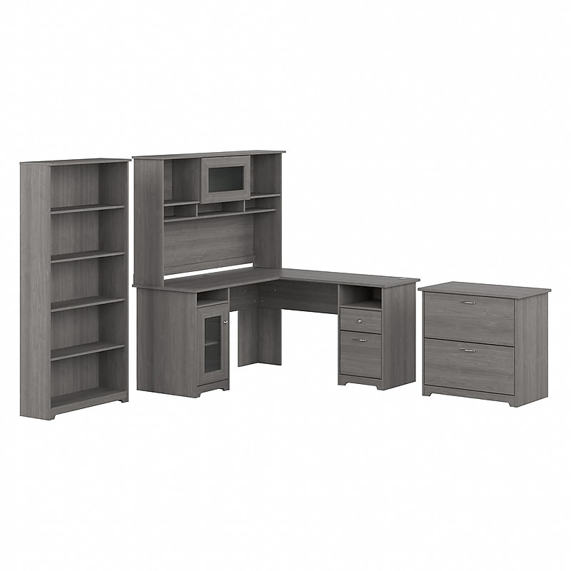Bush Furniture Cabot 60"W L Shaped Computer Desk with Hutch, File Cabinet and Bookcase, Modern Gray (CAB010MG) image 1