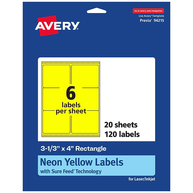 Avery Laser/Inkjet Multipurpose Rectangle Labels, 3-1/3" x 4", Neon Yellow, 120/Pack (94215) image 1