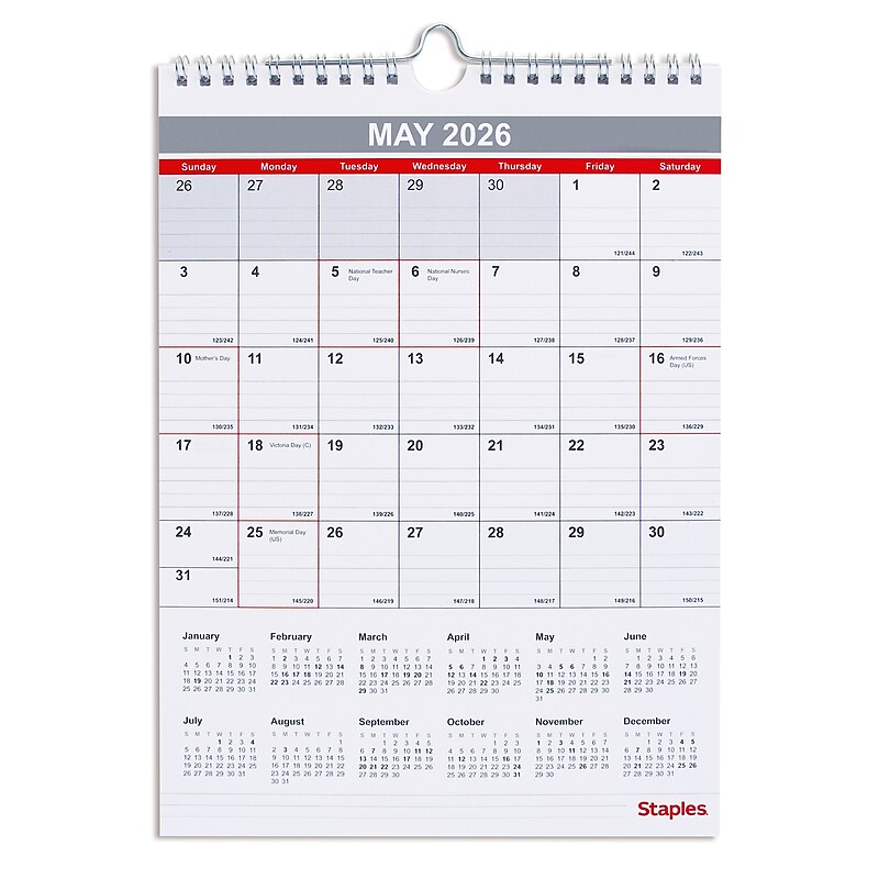 2026 Staples 8" x 11" Monthly Wall Calendar, Red/White/Gray (ST53922-26) image 1
