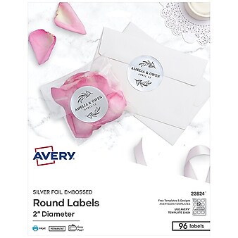 Avery Easy Peel Inkjet Embossed Foil Round Labels, 2" Diameter, Silver, 12 Labels/Sheet, 8 Sheets/Pack, 96 Labels/Pack (22824)