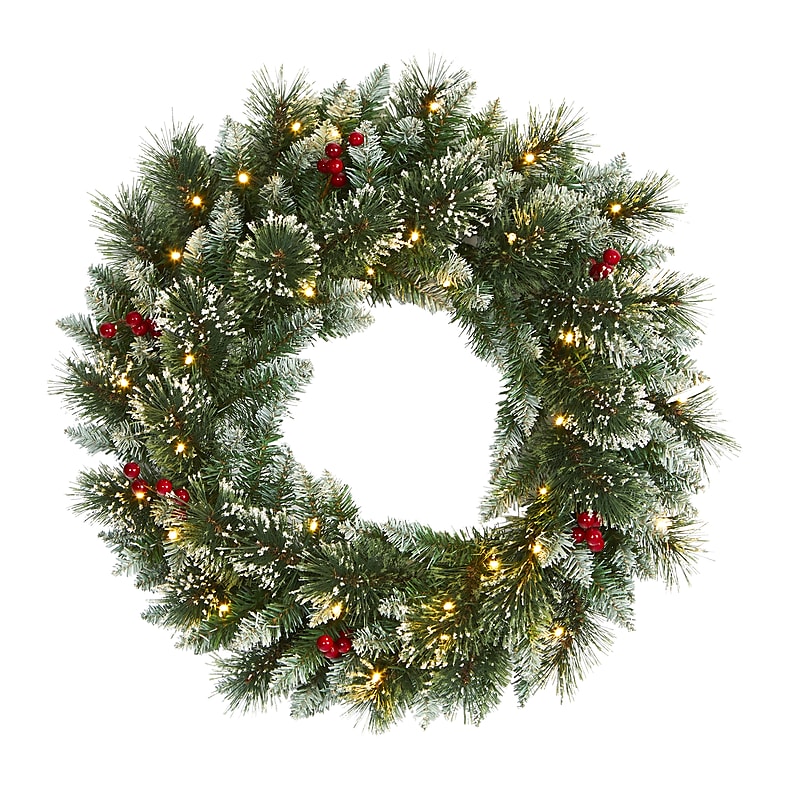 Nearly Natural 24-in Frosted Swiss Pine Artificial Wreath with 35 Clear LED Lights and Berries (W1113) image 1
