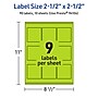Avery Laser/Inkjet Multipurpose Square Labels, 2.5" x 2.5", Bright Green, 90/Pack (94104)~#|#~D87D1393-3AF9-4050-A0FD5E1A3D0A8943_sc7