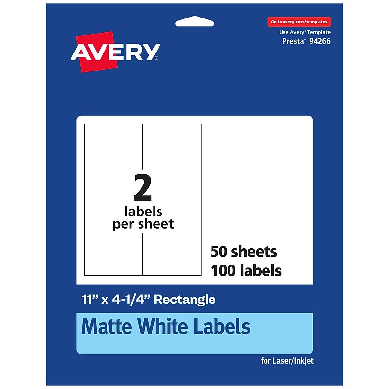Avery Laser/Inkjet Multipurpose Labels, White, 2 Labels/Sheet, 50 Sheets/Pack (94266-WMP50) image 1