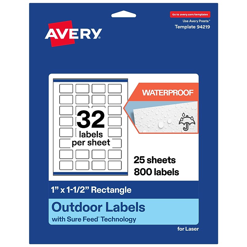 Avery Waterproof Rectangle Laser Multipurpose Labels, 1" x 1.5", White, 800/Pack (19479399241) image 1