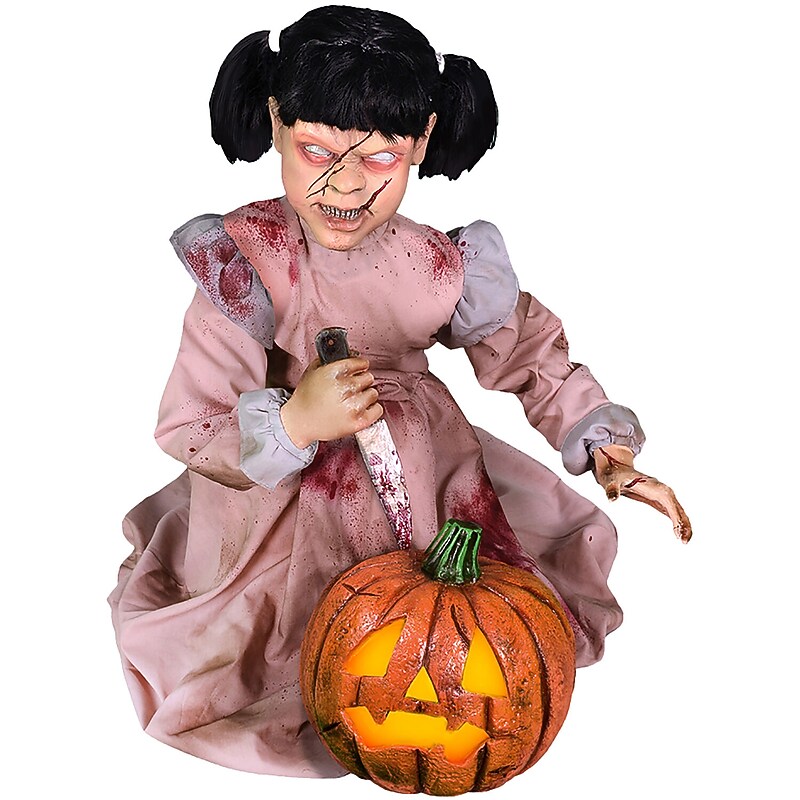 Haunted Hill Farm Lunging Pumpkin Carver Zombie Girl with Jack O'Lantern by Tekky (HHPMPCVR-FLSA) image 1