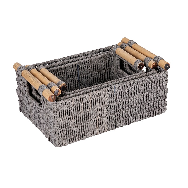 Household Essentials Woven Storage Wicker Basket with Handles, Grey, 3/Set (HE1102) image 1