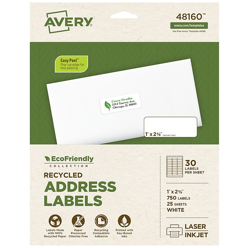 Avery EcoFriendly Laser/Inkjet Address Labels, 1" x 2-5/8", White, 750 Labels/Pack (48160) image 1