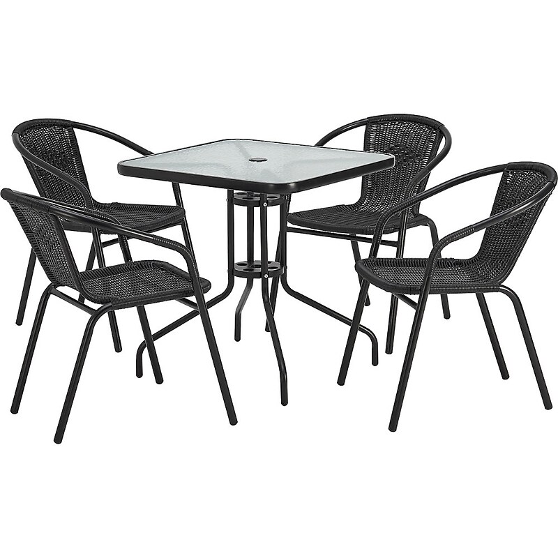 Global Industrial 5-Piece Rattan Outdoor Dining Set, 27-1/2" Square Glass Table (348132BK) image 1