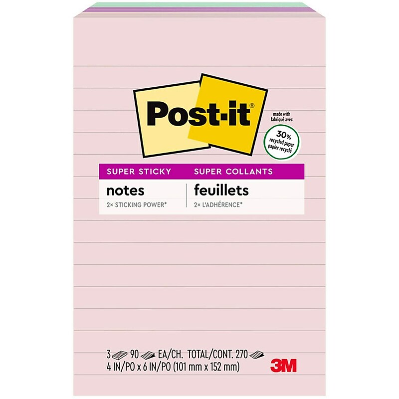 Post-it Recycled Super Sticky Notes, 4" x 6", Wanderlust Pastels Collection, Lined, 90 Sheet/Pad, 3 Pads/Pack (6603SSNRP) image 1