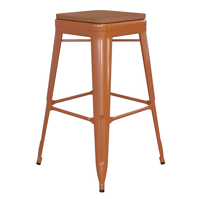 Flash Furniture Kai Indoor-Outdoor Backless Bar Height Stool, Orange with Teak Seat (CH3132030ORPL2T) image 1