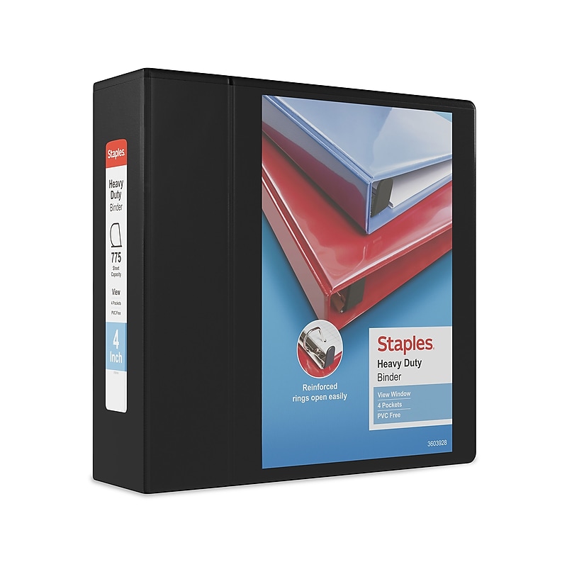 Staples Heavy Duty 4" 3-Ring View Binders, D-Ring, Black, 4/Pack (56235CT/24695CT) image 1