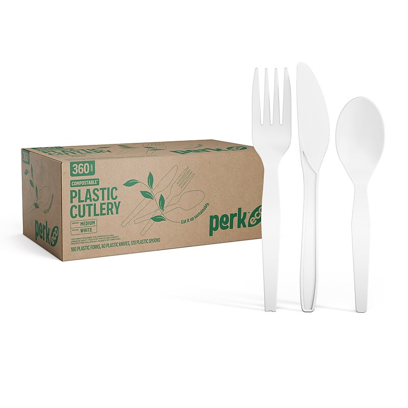 Perk™ Eco Compostable PLA Assorted Cutlery, Medium-Weight, White, 360/Pack (PK56205) image 1