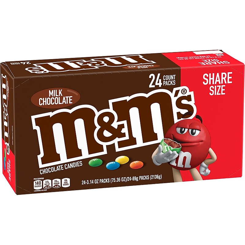 M&M's Sharing Size Milk Chocolate Candy Pieces, 75.36 oz., 24 Pouches/Box (MMM04431) image 1