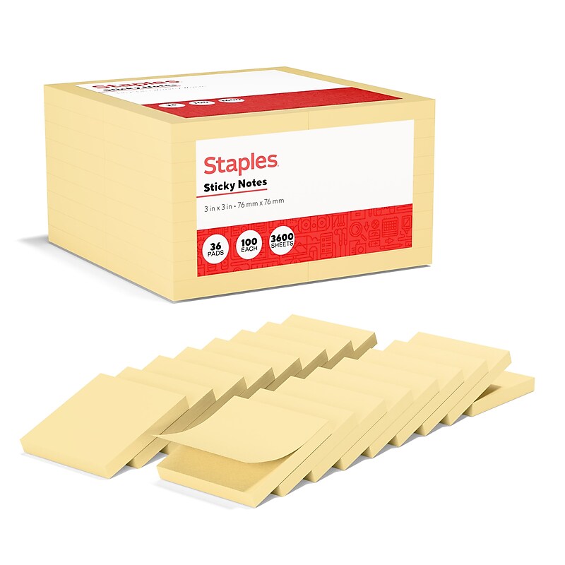 Staples Recycled Sticky Notes, 3" x 3", Sunshine Collection, 100 Sheets/Pad, 36 Pads/Pack (S-33YR36) image 1