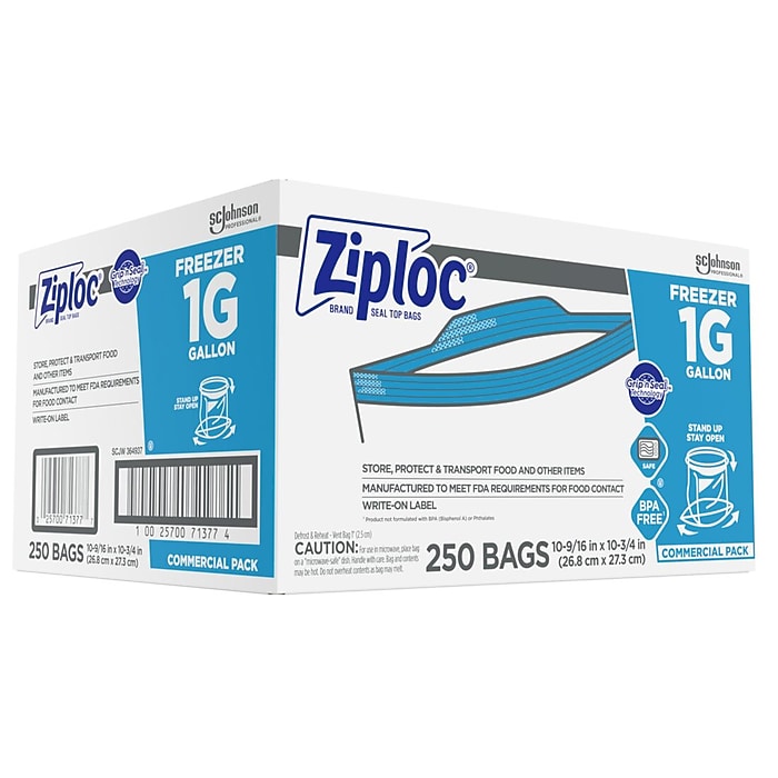 Ziploc Double Zipper Freezer Storage Bags, Gallon, 250 Bags/Carton