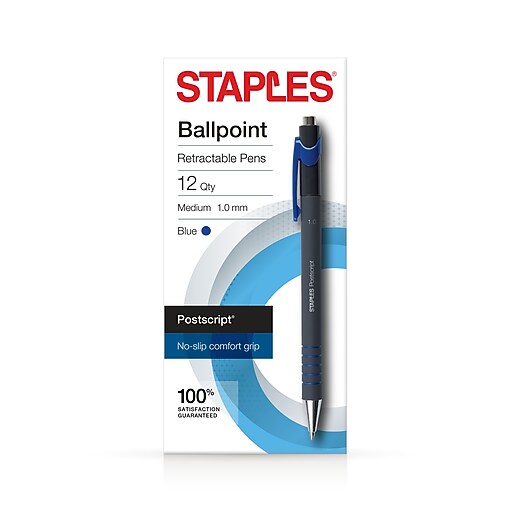 Staples Postscript Retractable Ballpoint Pens, Medium Point, Blue Ink