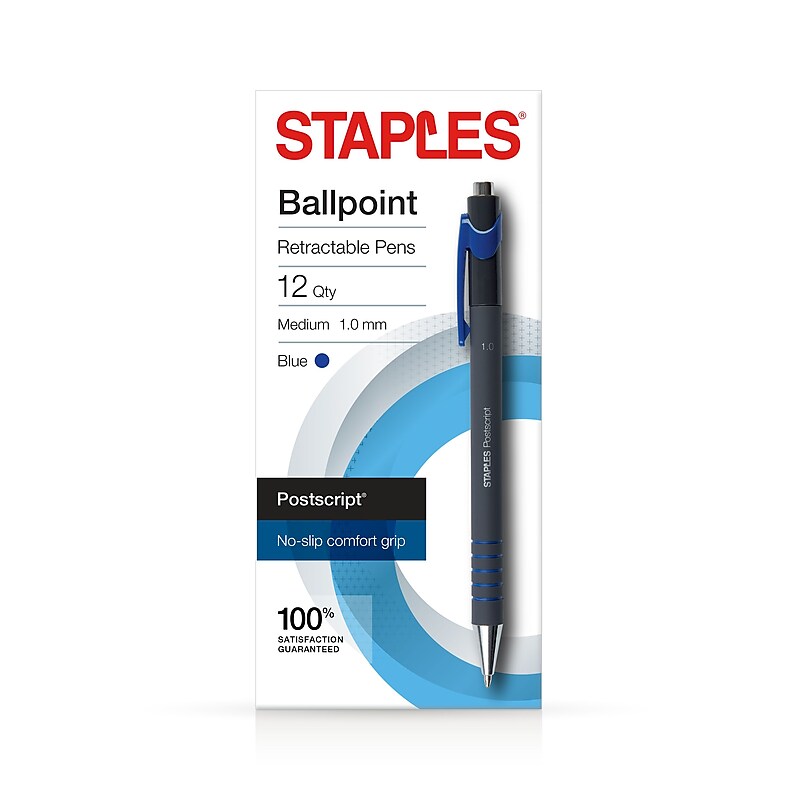 Staples Postscript Retractable Ballpoint Pens, Medium Point, Blue Ink, Dozen (18263) image 1