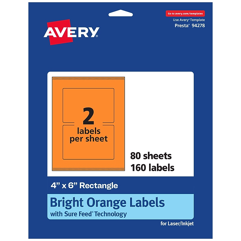 Avery Laser/Inkjet Multipurpose Rectangle Labels, 4" x 6", Bright Orange, 160/Box (94278) image 1