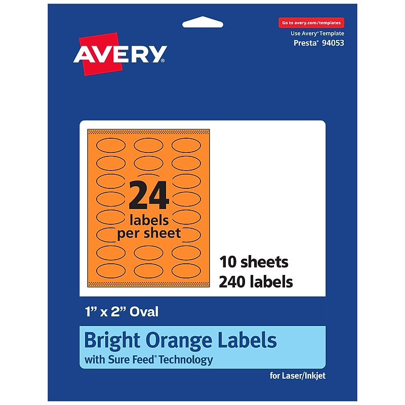 Avery Laser/Inkjet Multipurpose Oval Labels, 1" x 2", Bright Orange, 240/Pack (94053) image 1