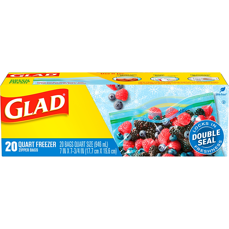 Glad Zipper Freezer Bags, Quart, 20 Bags/Box (57035) image 1
