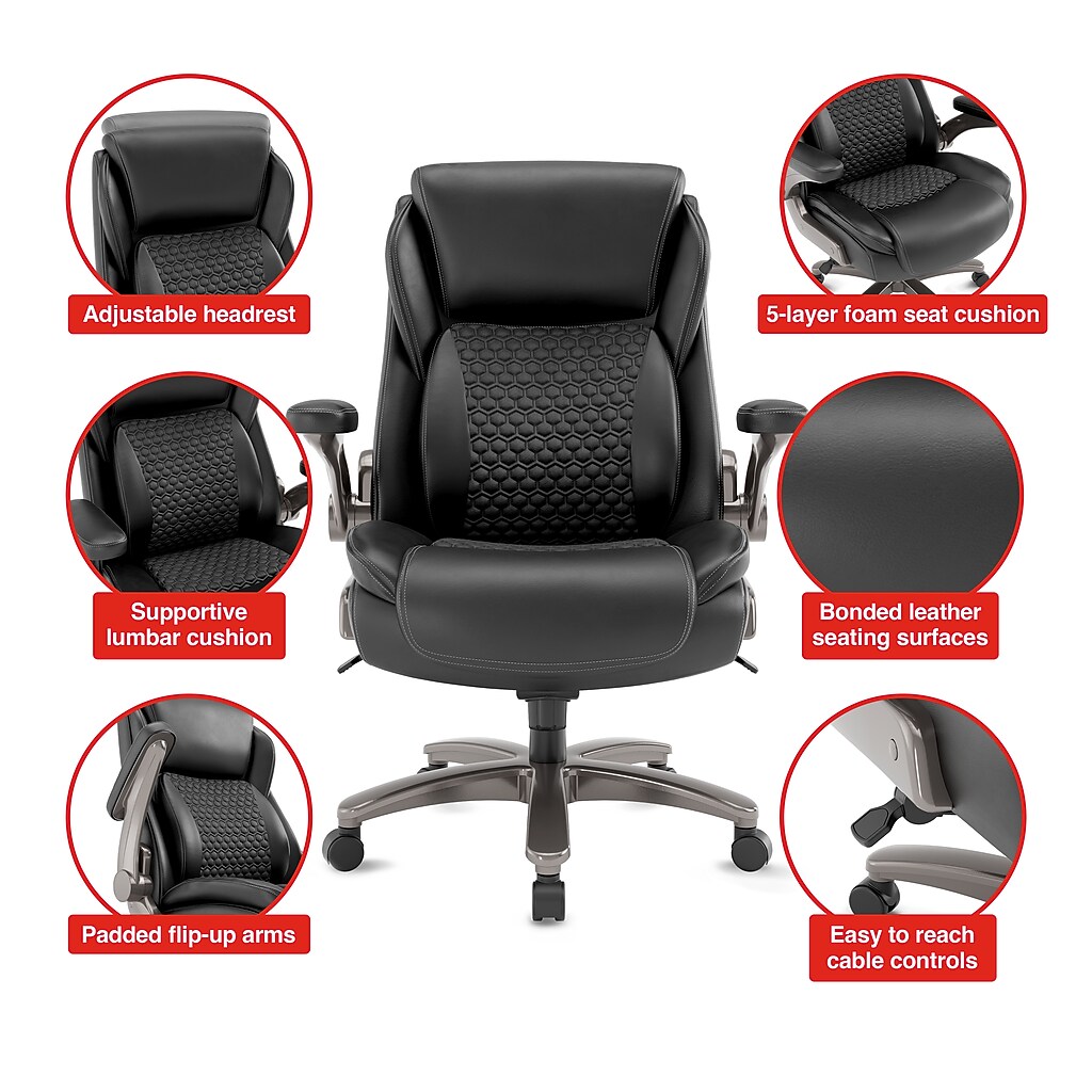 Main product image with circular insets highlighting adjustable headrest, lumbar cushion, 5-layer foam seat cushion, bonded leather surfaces, and easy-to-reach cable controls