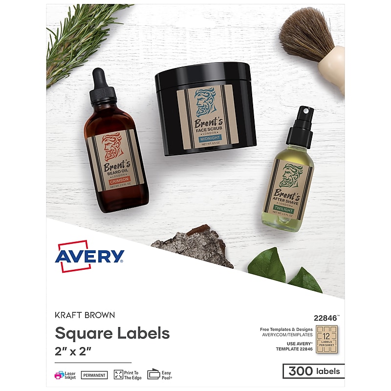 Avery Print-to-the-Edge Laser/Inkjet Square Labels, 2" x 2", Kraft Brown, 300 Labels/Pack (22846) image 1