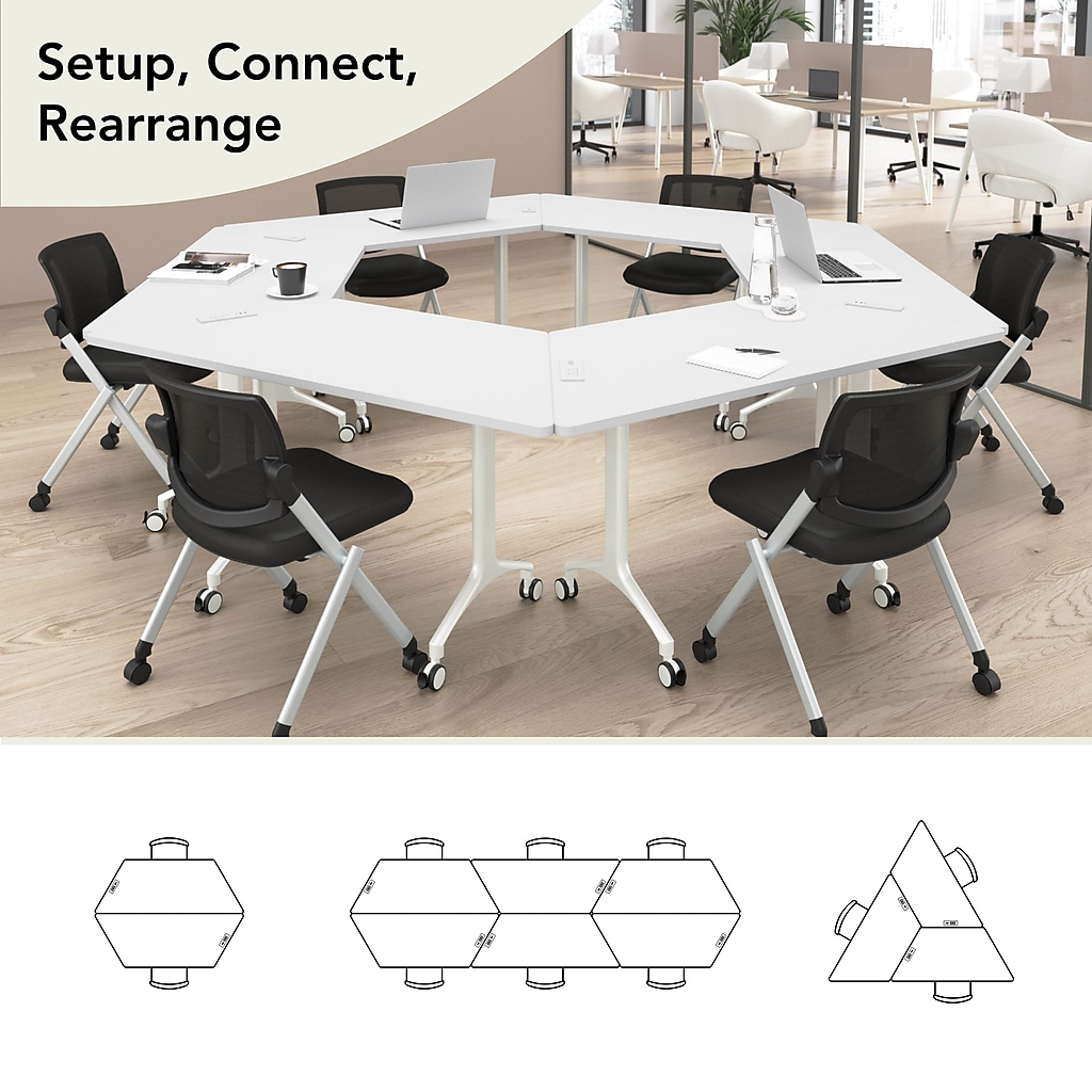 Quadruple view of the white trapezoid conference table with arranged chairs and assembly diagrams