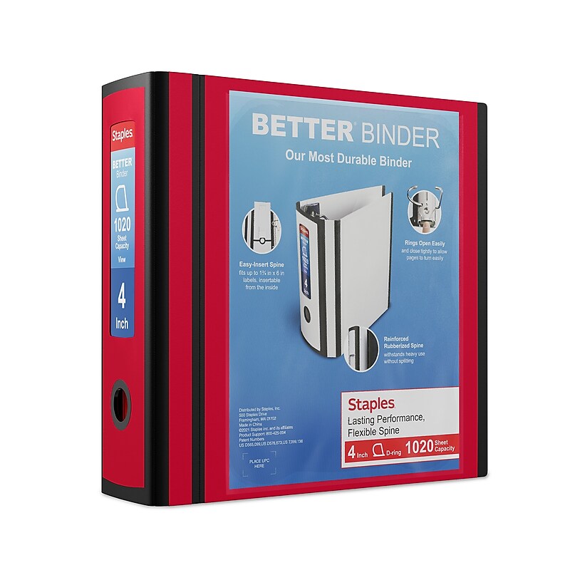 Staples Heavy Duty 4" 3-Ring Better Binder, D-Ring, Red (ST55815-CC) image 1