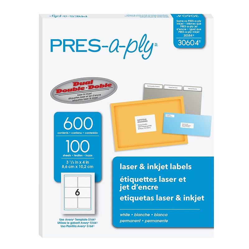 PRES-a-ply Laser/Inkjet Shipping Labels, 3-1/3" x 4", White, 600 Labels/Box (30604) image 1