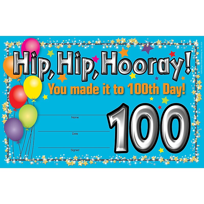 Barker Creek 100th Day Recognition Awards, 8.5" x 5.5”, Multicolored, 30/Pack (LL426) image 1
