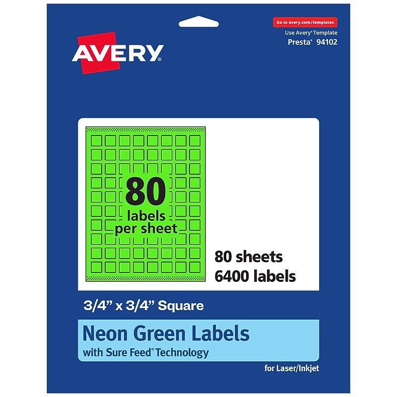 Avery Laser/Inkjet Multipurpose Square Labels, 0.75" x 0.75", Neon Green, 6400/Box (94102) image 1