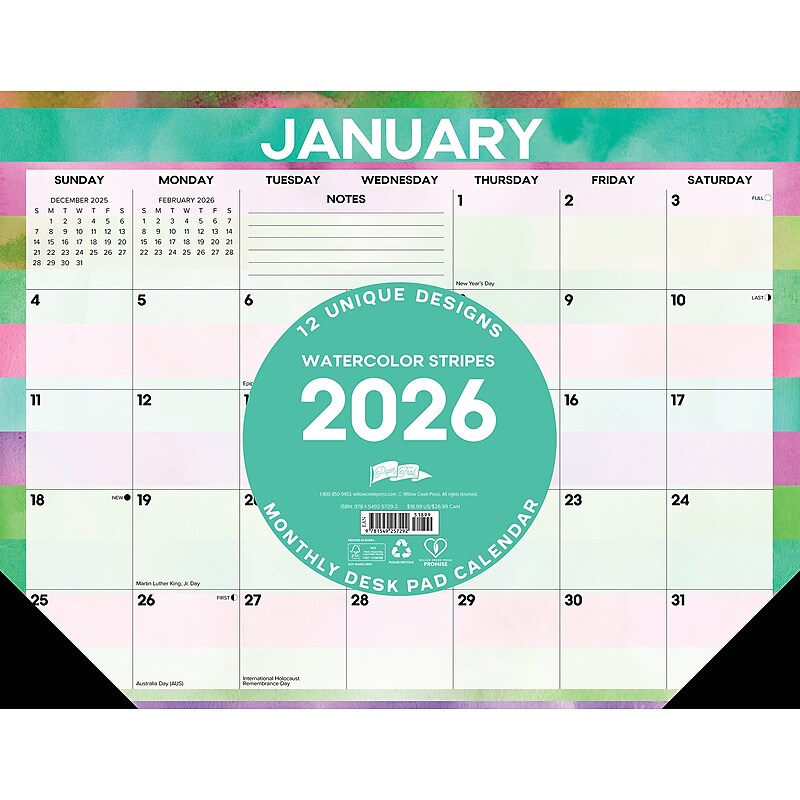 2026 Willow Creek Watercolor Stripes 22" x 17" Monthly Desk Pad Calendar (57292) image 1