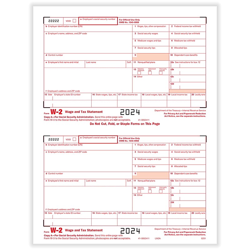 ComplyRight 2024 W-2 Tax Form, 1-Part, 2-Up, Federal Copy A, 50/Pack (520150) image 1