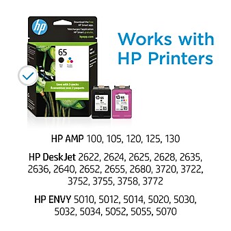 HP 65 Black/Tri-Color Standard Yield Ink Cartridge, 2/Pack (T0A36AN#140)