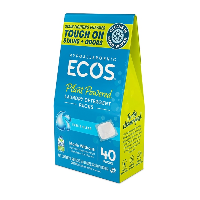 ECOS PRO Laundry Detergent Packs with Enzymes, Free & Clear, 40