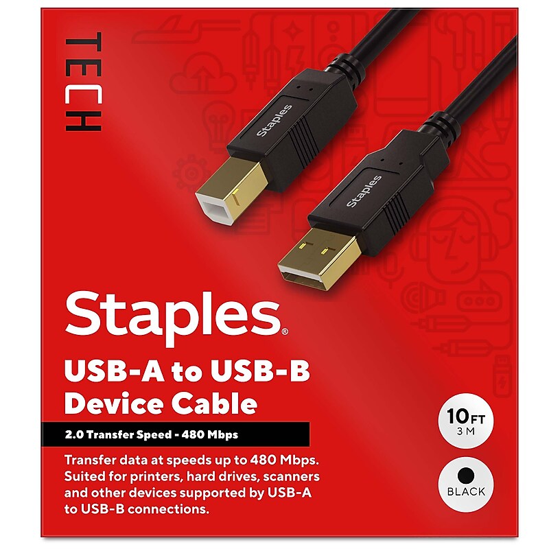Staples TECH 10 ft. USB-A to USB-B 2.0 Cable, Male to Male, Black (ST62443) image 1