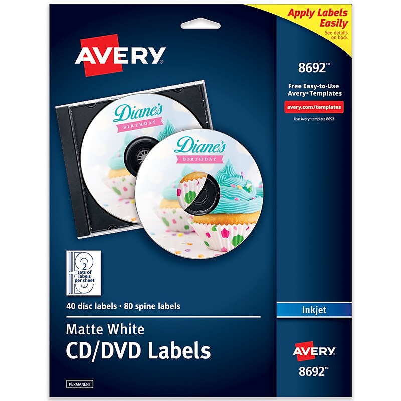 Avery Inkjet CD Labels, Matte White, 2 Labels/Sheet, 20 Sheets/Pack, 40 Labels/Pack (8212) image 1