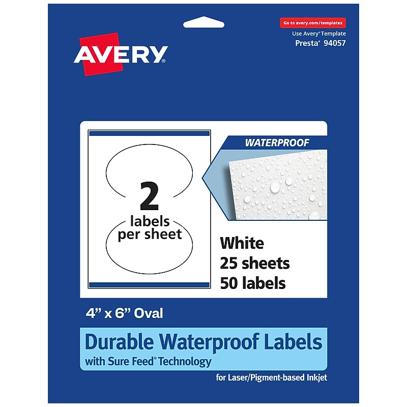 Avery Laser/Inkjet Oval  Waterproof Multipurpose Labels, 6"  Dia, White, 50/Pack (94057) image 1