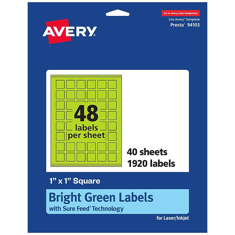 Avery Laser/Inkjet Multipurpose Square Labels, 1" x 1", Bright Green, 1920/Pack (94103) image 1