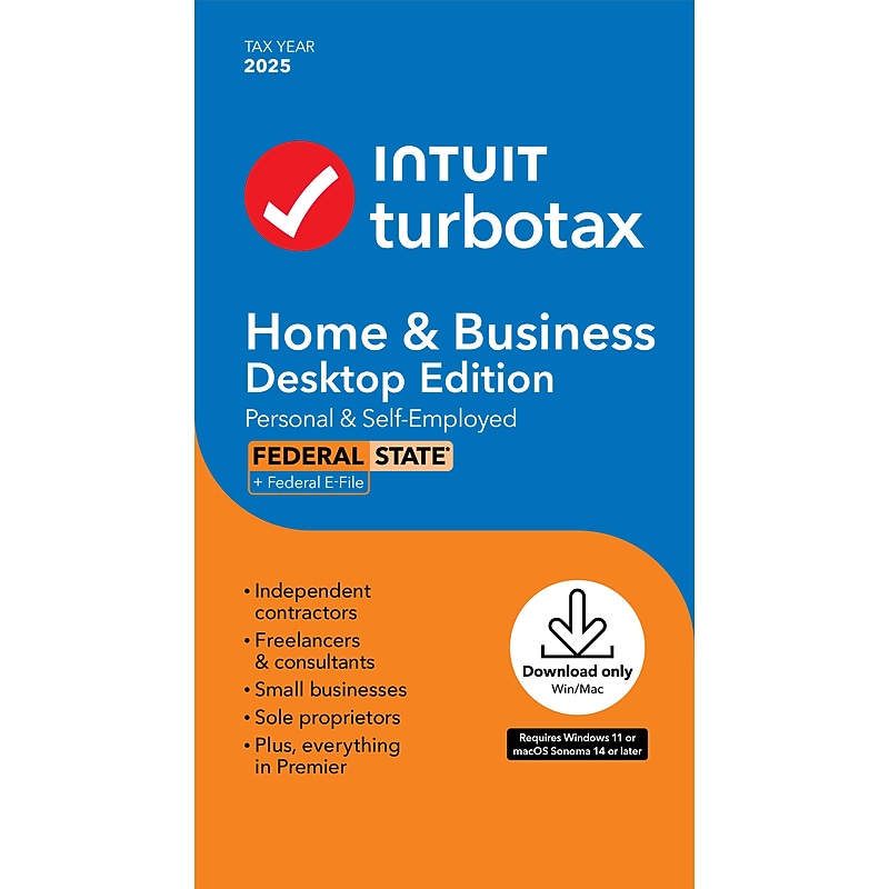 TurboTax Home & Business Desktop Edition 2025, Federal & State Tax Return, Windows/Mac, Product Key Card image 1