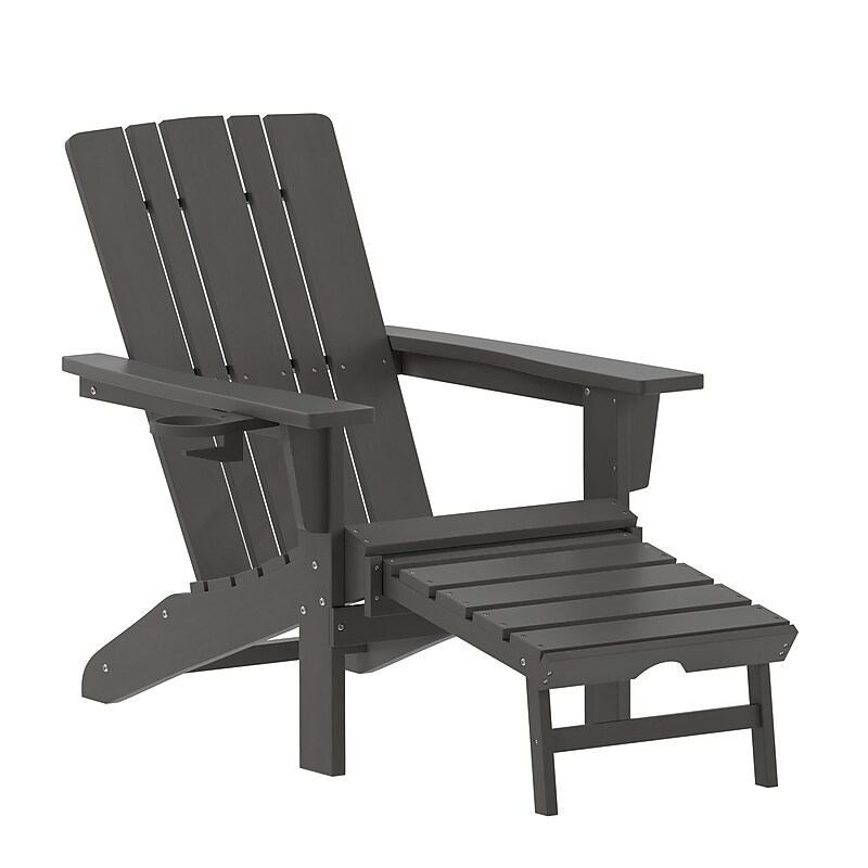 Flash Furniture Halifax Adirondack Chair with Cup Holder and Pull Out Ottoman, Gray (LEHMP1045110GY) image 1