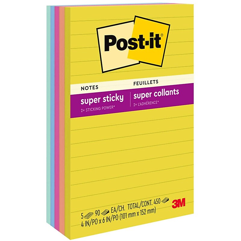Post-it Super Sticky Notes, 4" x 6", Summer Joy Collection, Lined, 90 Sheet/Pad, 5 Pads/Pack (660-5SSJOY) image 1