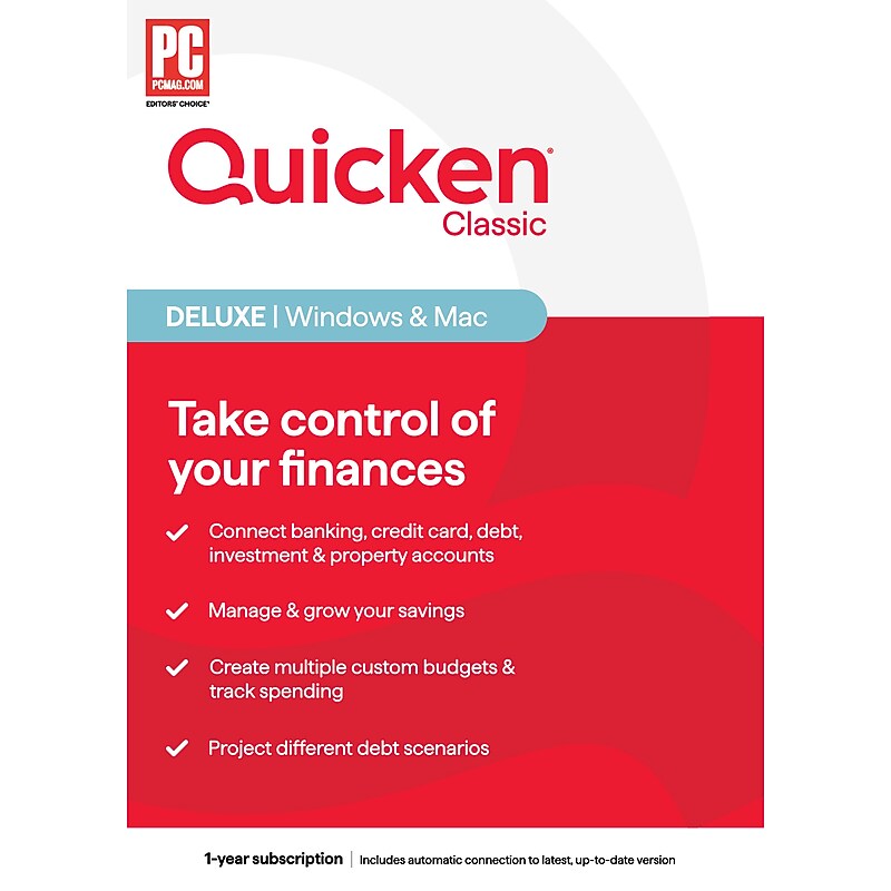 Quicken Classic Deluxe for 1 User, Windows/Mac/Android/iOS, Product Key Card (170453) image 1