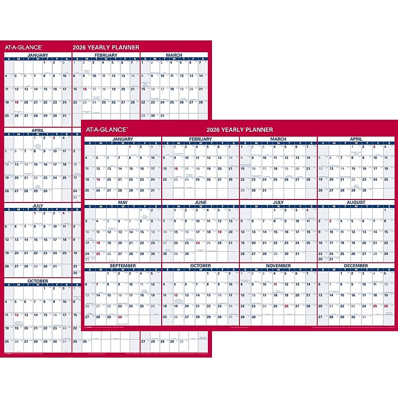 2026 AT-A-GLANCE 48" x 32" Yearly Dry Erase Wall Calendar, Reversible, White/Red (PM326-28-26) image 1