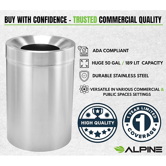 Alpine Industries Stainless Steel Trash Can with Open Lid, 50