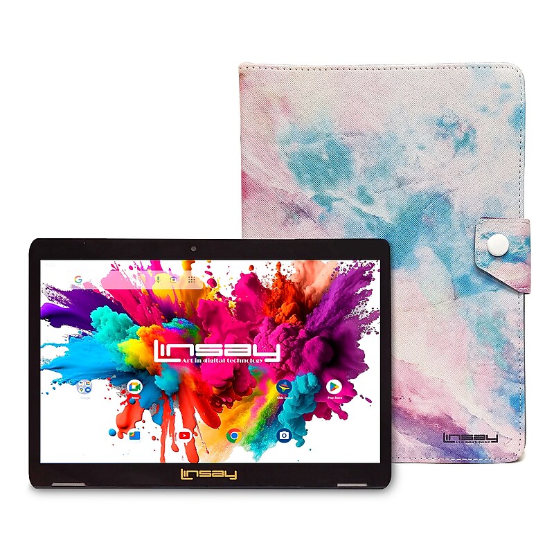 Linsay Octa Core 10.1" Tablet, 4GB RAM, 128GB Storage, Android 13, Bundled with Pink Marble Case and Stylus Pen image 1