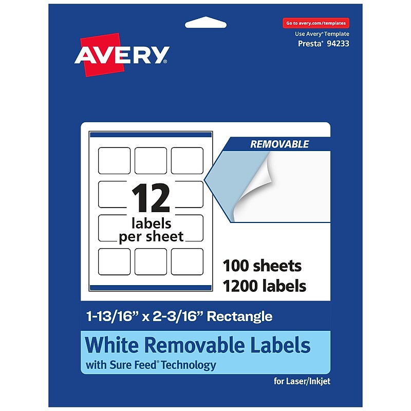 Avery Laser/Inkjet Rectangle Multipurpose Labels, 1-13/16" x 2-3/16", White, 1200 Labels/Box (94233) image 1